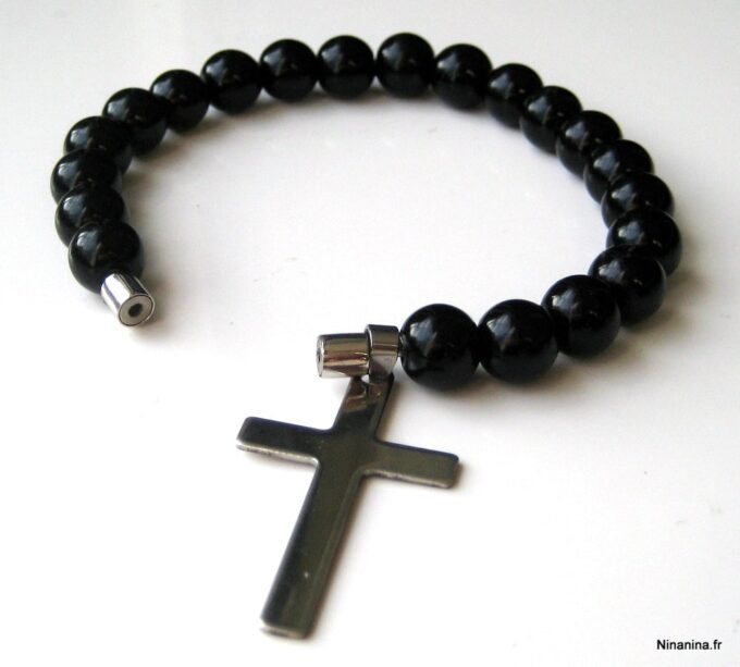 N3383d_bracelet_croix_acier_inoxydable_et_perles_noires