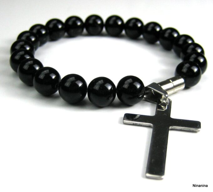 N3383terb_bracelet_croix_acier_et_perles_noires