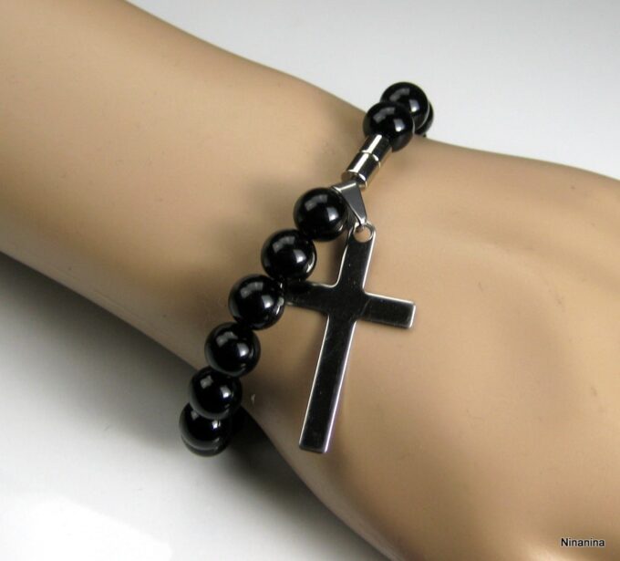 N3383terf_bracelet_croix_acier_et_perles_noires