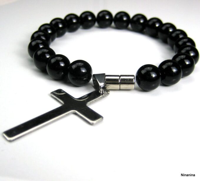 N3383terh_bracelet_croix_acier_et_perles_noires