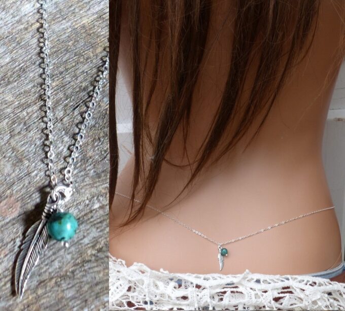N3392d_Chaine_de_taille_plume_argent_925_massif_perle_turquoise_africaine_-_Bijoux_Chaines_en_ligne_Ninanina