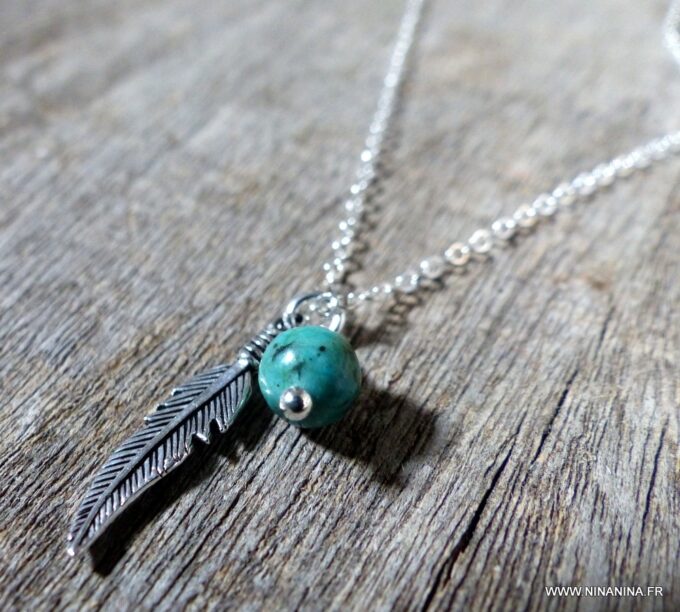 N3392h_Chaine_de_taille_plume_argent_925_massif_perle_turquoise_africaine_-_Bijoux_Chaines_en_ligne_Ninanina