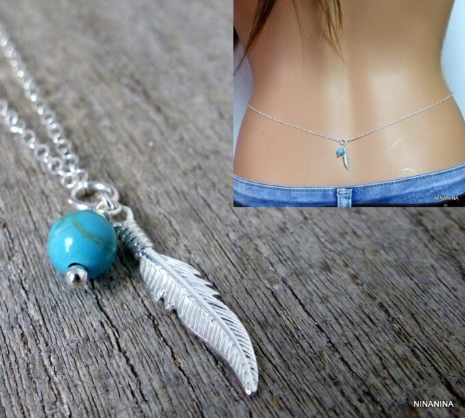 N3392terd_Chaine_de_taille_plume_argent_massif_et_turquoise_veritable