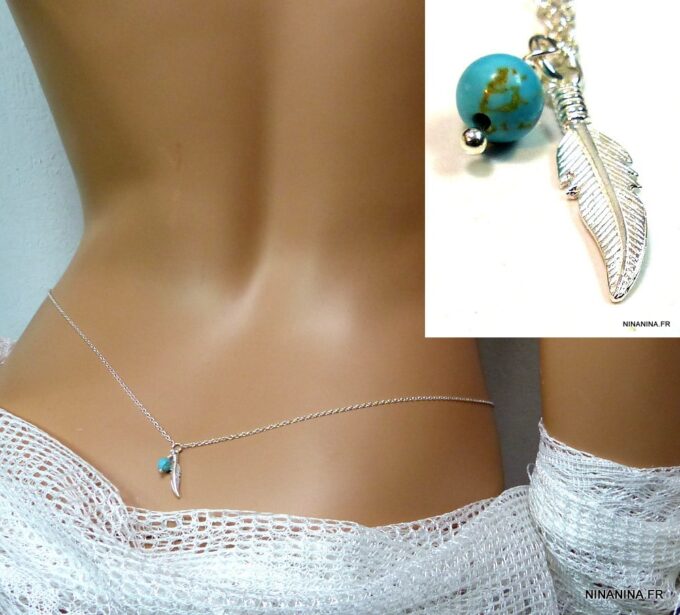 N3392terh_chaine_de_taille_plums_argent_massif_turquoise