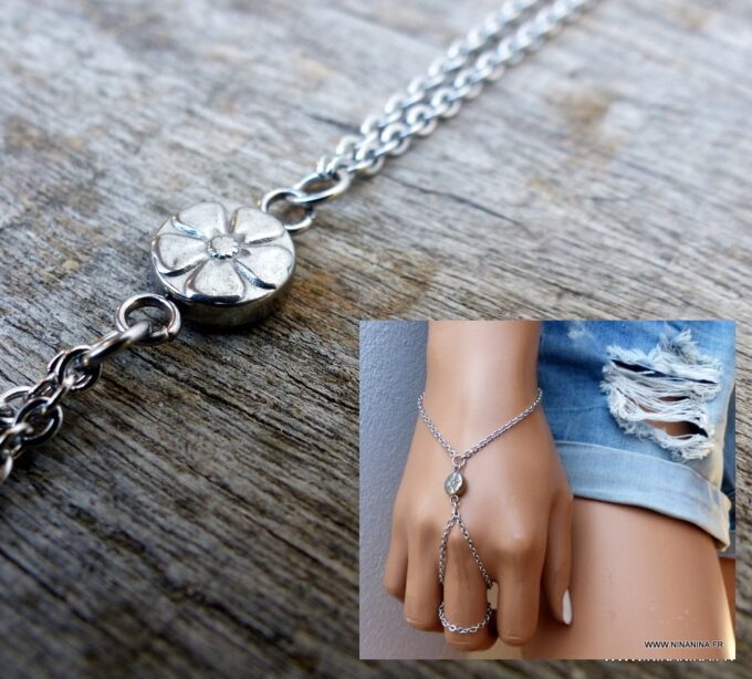 N3400C_Bracelet_Bague_-_chaine_de_main_motif_fleur_acier_inoxydable_argente-_Bijoux_Braceltes_en_ligne_Ninanina