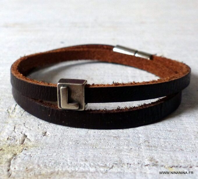 N3453b_Bracelet_homme_cuir_marron_2_tours_lettre_personnalisee_-_Bijoux_Bracelets_en_ligne_Ninanina-1