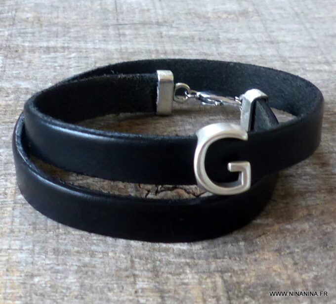 N3456h_Bracelet_cuir_3_tours_personnalise_lettre_metal_argent_-_Bijoux_Bracelets_en_ligne_NINANINA