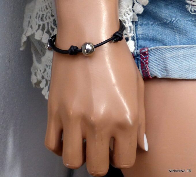 N3467_Bracelet_cordon_cuir_boule_acier_inoxydable_argente_-_Bijoux_Bracelets_en_ligne_Ninanina