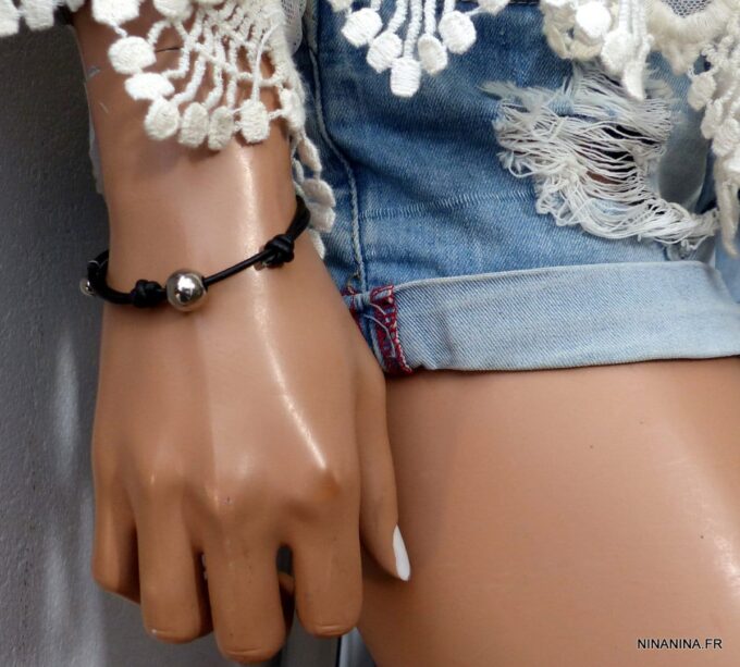 N3467b_Bracelet_cordon_cuir_boule_acier_inoxydable_argente_-_Bijoux_Bracelets_en_ligne_Ninanina
