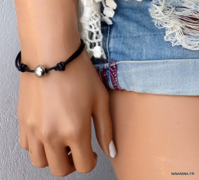N3467d_Bracelet_cordon_cuir_boule_acier_inoxydable_argente_-_Bijoux_Bracelets_en_ligne_Ninanina