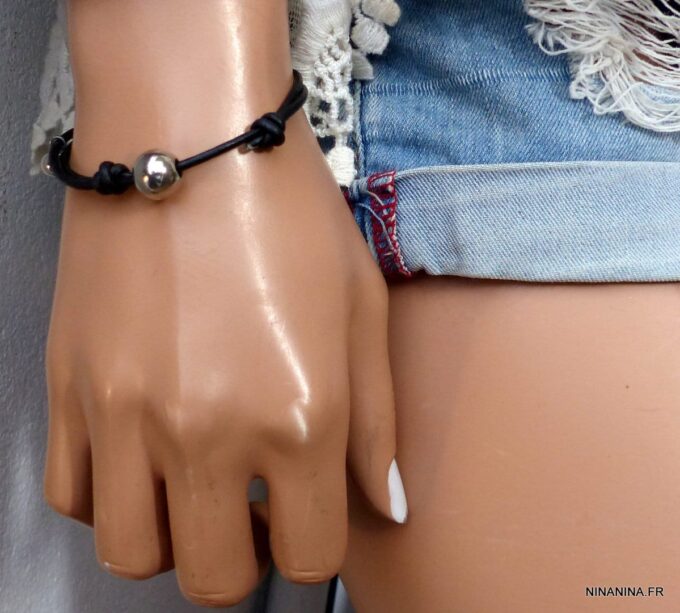 N3467f_Bracelet_cordon_cuir_boule_acier_inoxydable_argente_-_Bijoux_Bracelets_en_ligne_Ninanina