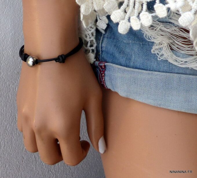 N3467j_Bracelet_cordon_cuir_boule_acier_inoxydable_argente_-_Bijoux_Bracelets_en_ligne_Ninanina