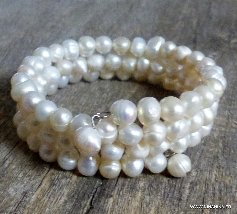 Bracelet Manchette perle d'eau douce blanche 3 rangs pour femme – Image 6