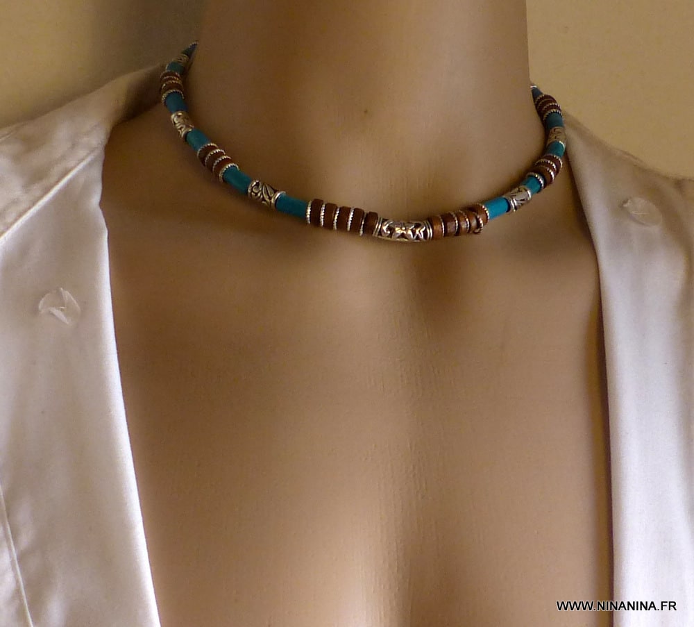 Collier homme perle bois ethnique sur cordon cuir - Ninanina