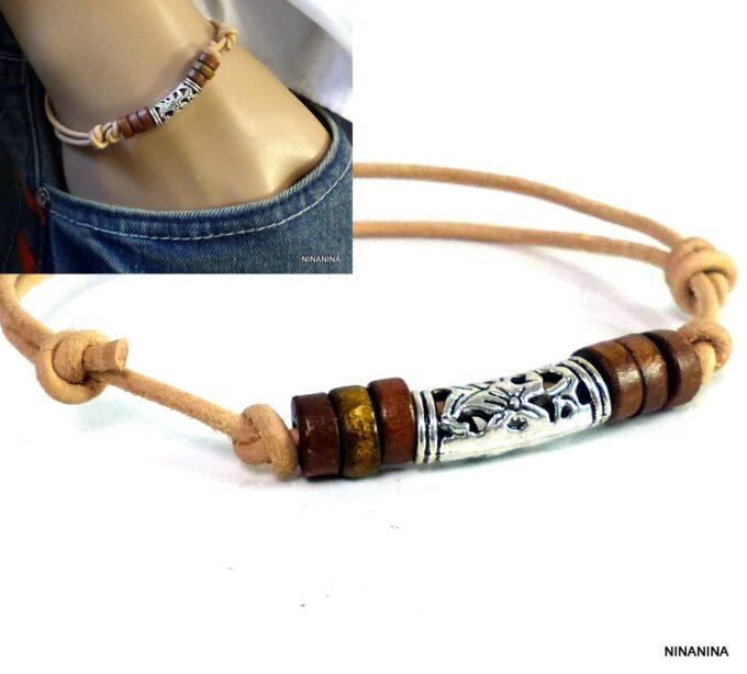 N3502_Bracelet_homme_cordon_cuir_perles_bois_metal_argent_NINANINA