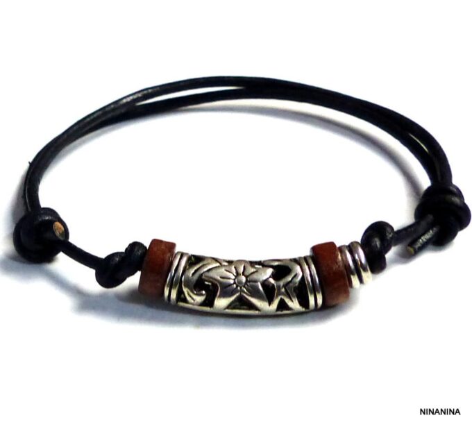 N3502h_Bracelet_homme_cordon_cuir_perles_bois_tube_metal_argent