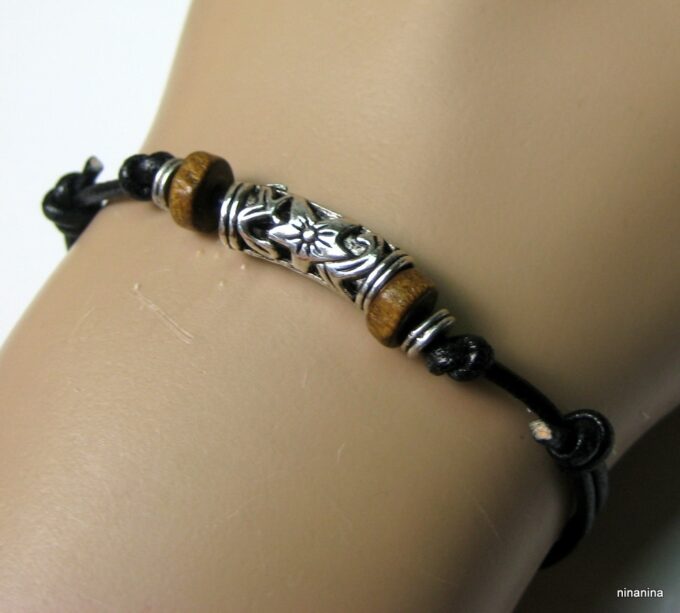 N3502terb_bracelet_homme_cordon_cuir_bois_et_metal_argent