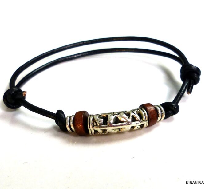 N3502terc_Bracelet_homme_cordon_cuir_et_perles_bois