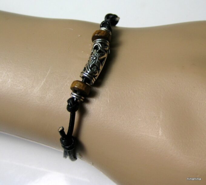 N3502terc_bracelet_homme_cordon_cuir_bois_et_metal_argent