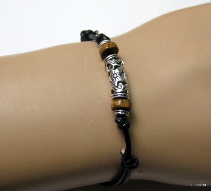 N3502terd_bracelet_homme_cordon_cuir_bois_et_metal_argent