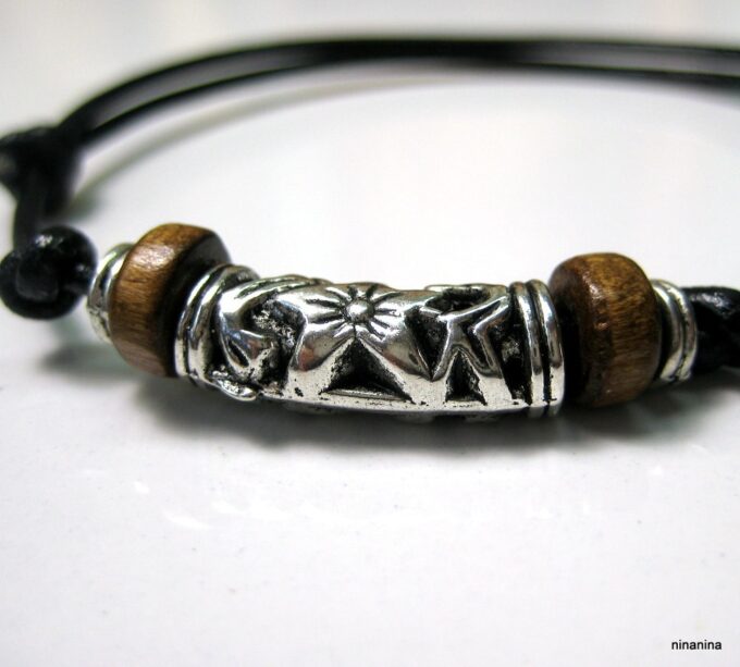 N3502terf_bracelet_homme_cordon_cuir_bois_et_metal_argent