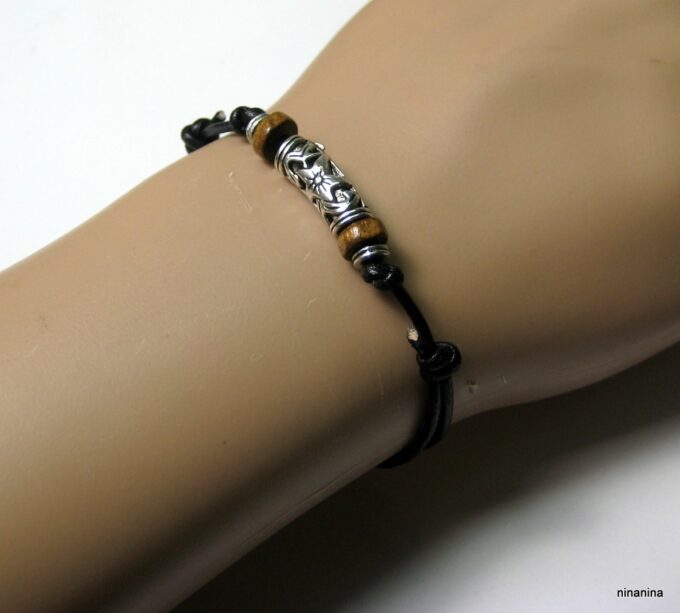 N3502terg_bracelet_homme_cordon_cuir_bois_et_metal_argent