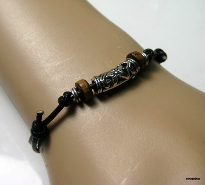 N3502terh_bracelet_homme_cordon_cuir_bois_et_metal_argent