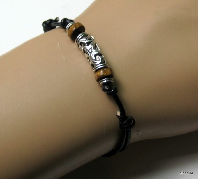 N3502teri_bracelet_homme_cordon_cuir_bois_et_metal_argent