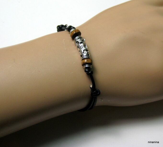 N3502terk_bracelet_homme_cordon_cuir_bois_et_metal_argent