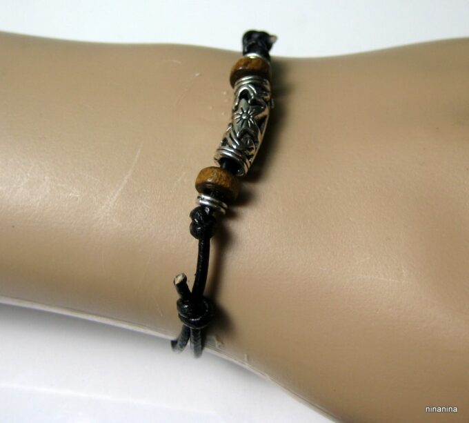 N3502terl_bracelet_homme_cordon_cuir_bois_et_metal_argent