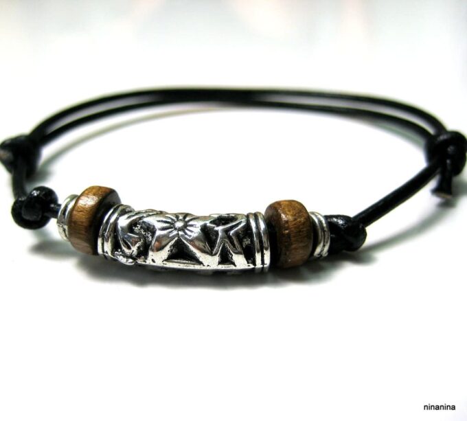 N3502term_bracelet_homme_cordon_cuir_bois_et_metal_argent