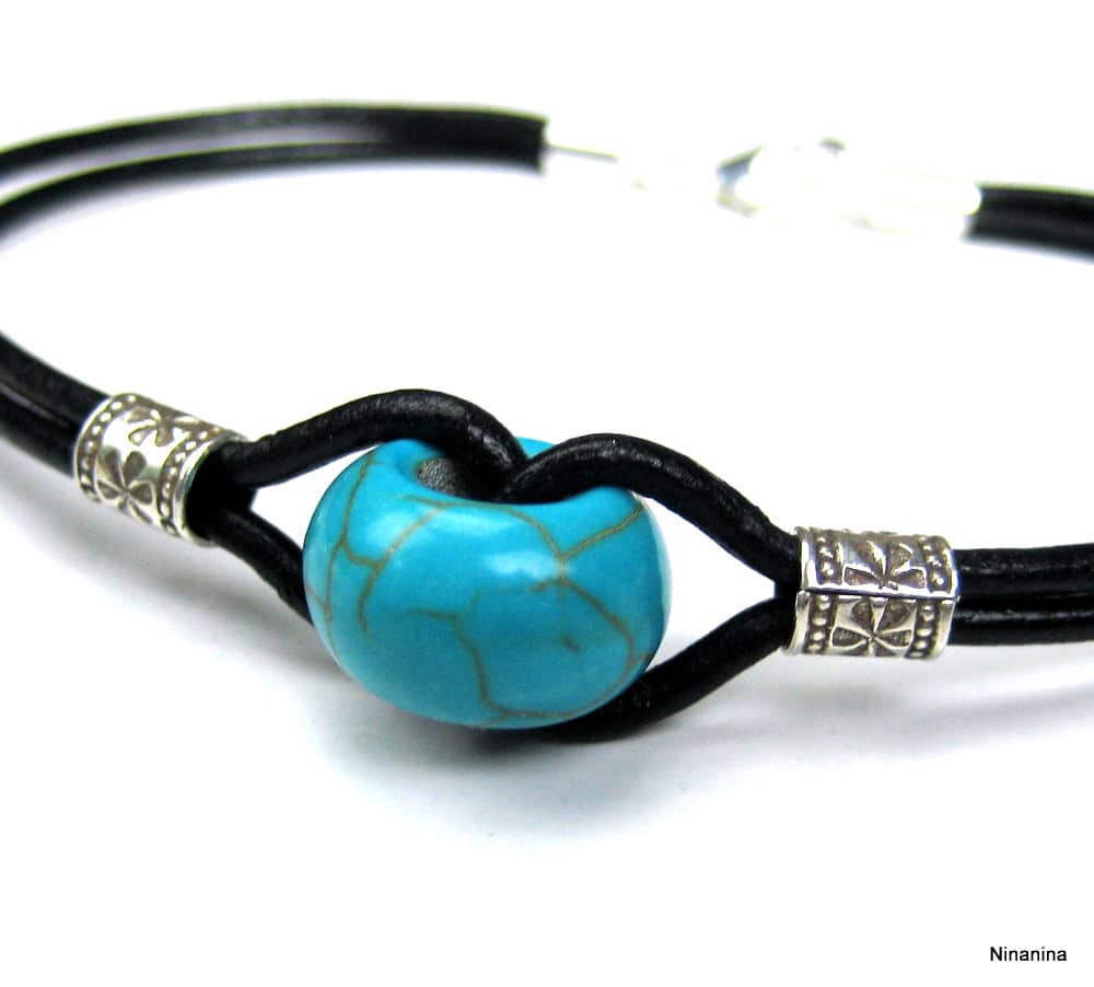 Bracelet homme cuir Argent 925 et pierre howlite Turquoise – Image 2