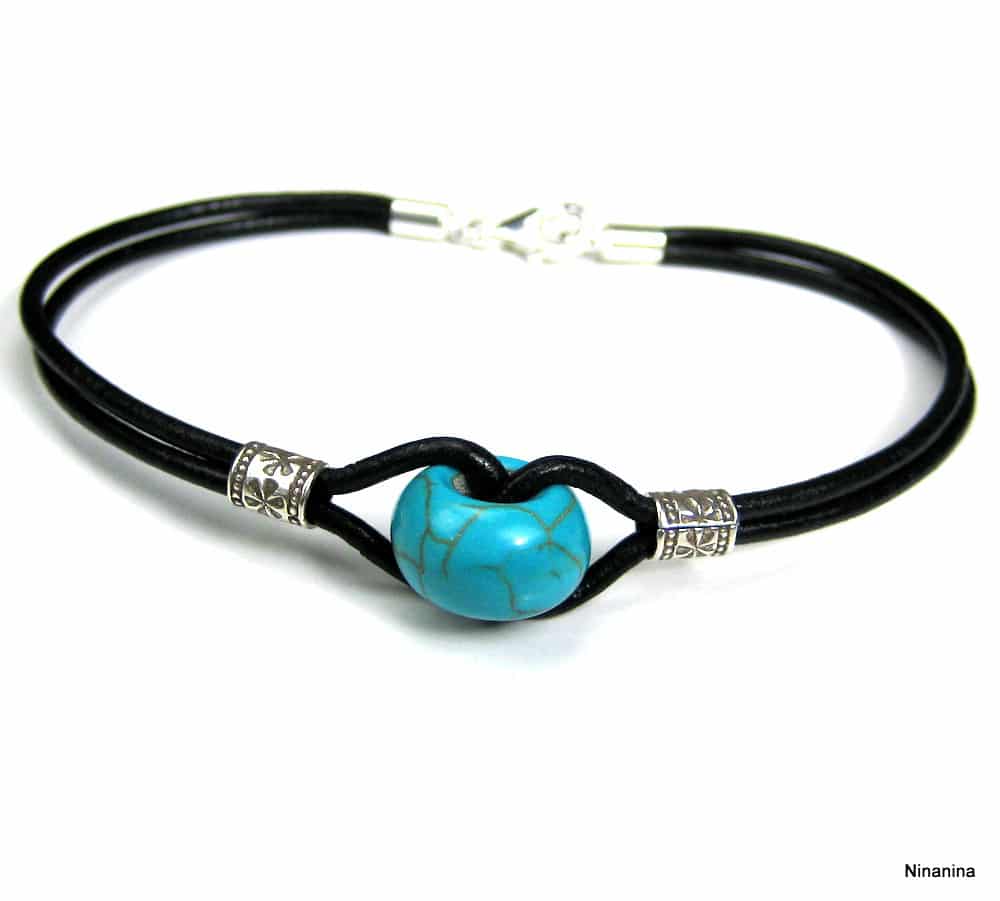 Bracelet homme cuir Argent 925 et pierre howlite Turquoise – Image 4