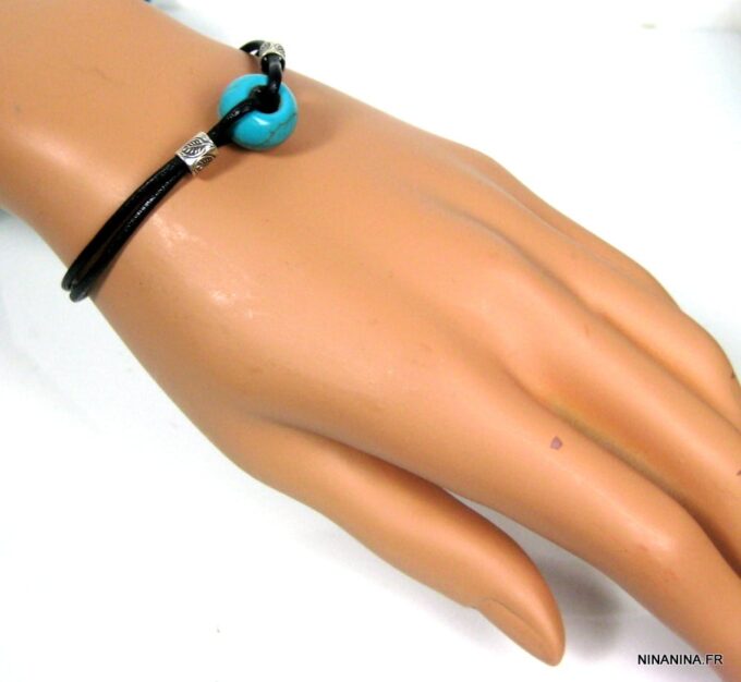 N3509bisc_bracelet_cordon_cuir_argent_massif_et_turquoise