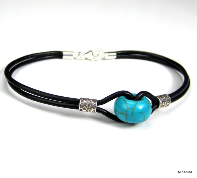 N3509c_bracelet_cordon_cuir_argent_massif_et_turquoise