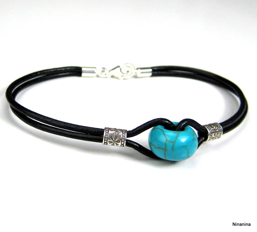 Bracelet homme cuir Argent 925 et pierre howlite Turquoise – Image 5