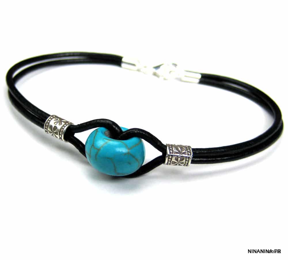 Bracelet homme cuir Argent 925 et pierre howlite Turquoise – Image 7