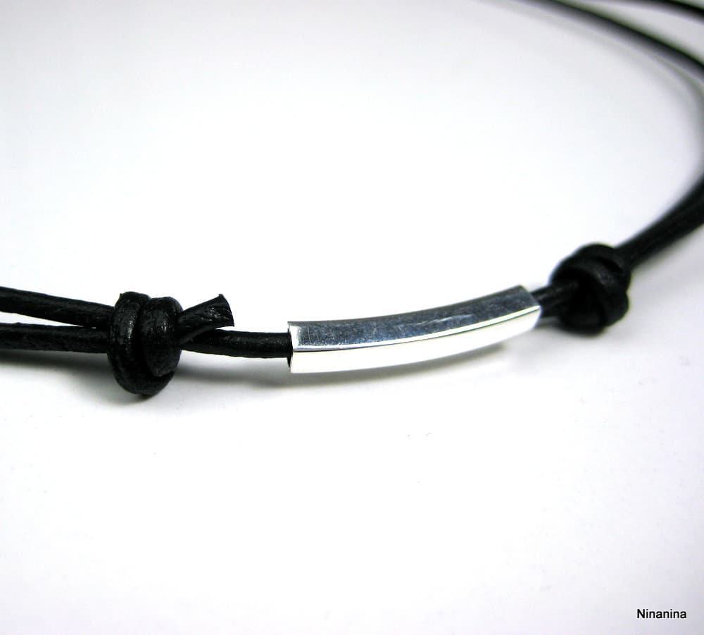 Collier tube Argent 925 massif sur cordon Cuir ajustable – Image 2
