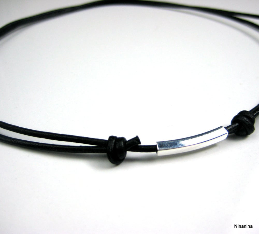 Collier tube Argent 925 massif sur cordon Cuir ajustable – Image 4