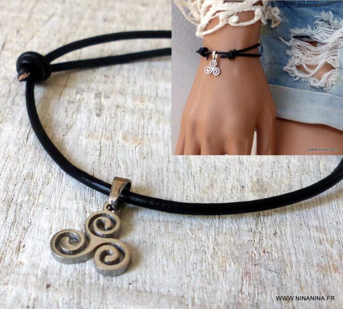 N3557_Bracelet_femme_triskel_acier_inoxydable_argente_et_cordon_cuir_-_Bijoux_Bracelets_en_ligne_Ninanina