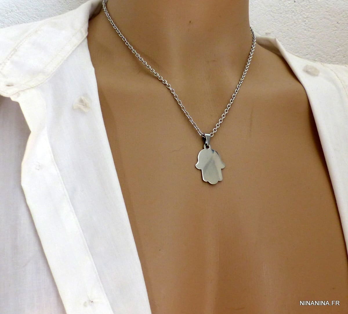 Collier Main De Fatma Homme Acier Inoxydable Argenté