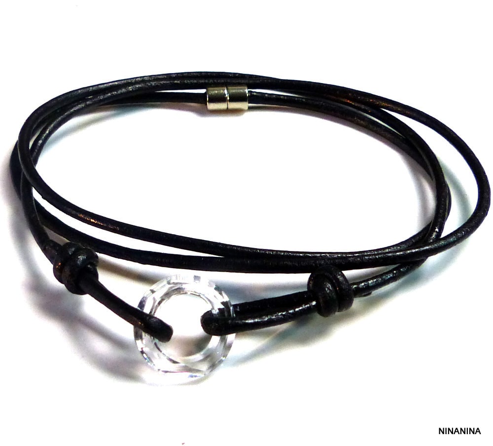 Bracelet cristal de Swarovski anneau et cordon cuir réglable – Image 3