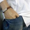 N3640b_bracelet_homme_cuir_tresse_fermoir_crochet_metal_argente
