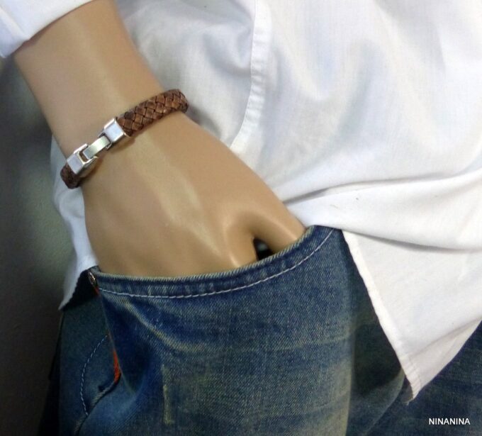 N3640b_bracelet_homme_cuir_tresse_fermoir_crochet_metal_argente