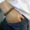 N3640c_bracelet_homme_cuir_tresse_fermoir_crochet_metal_argente