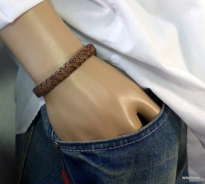 N3640c_bracelet_homme_cuir_tresse_fermoir_crochet_metal_argente