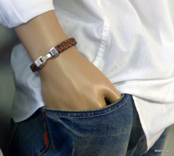 N3640e_bracelet_homme_cuir_tresse_fermoir_crochet_metal_argente