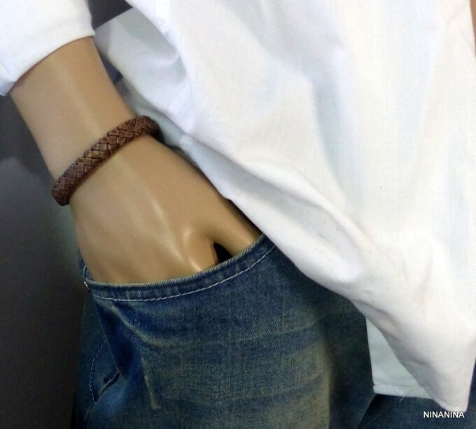 N3640f_bracelet_homme_cuir_tresse_fermoir_crochet_metal_argente