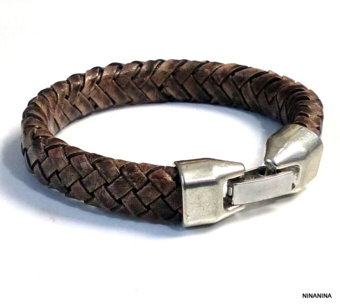 N3640g_bracelet_homme_cuir_tresse_fermoir_crochet_metal_argente