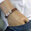 N3640h_bracelet_homme_cuir_tresse_fermoir_crochet_metal_argente